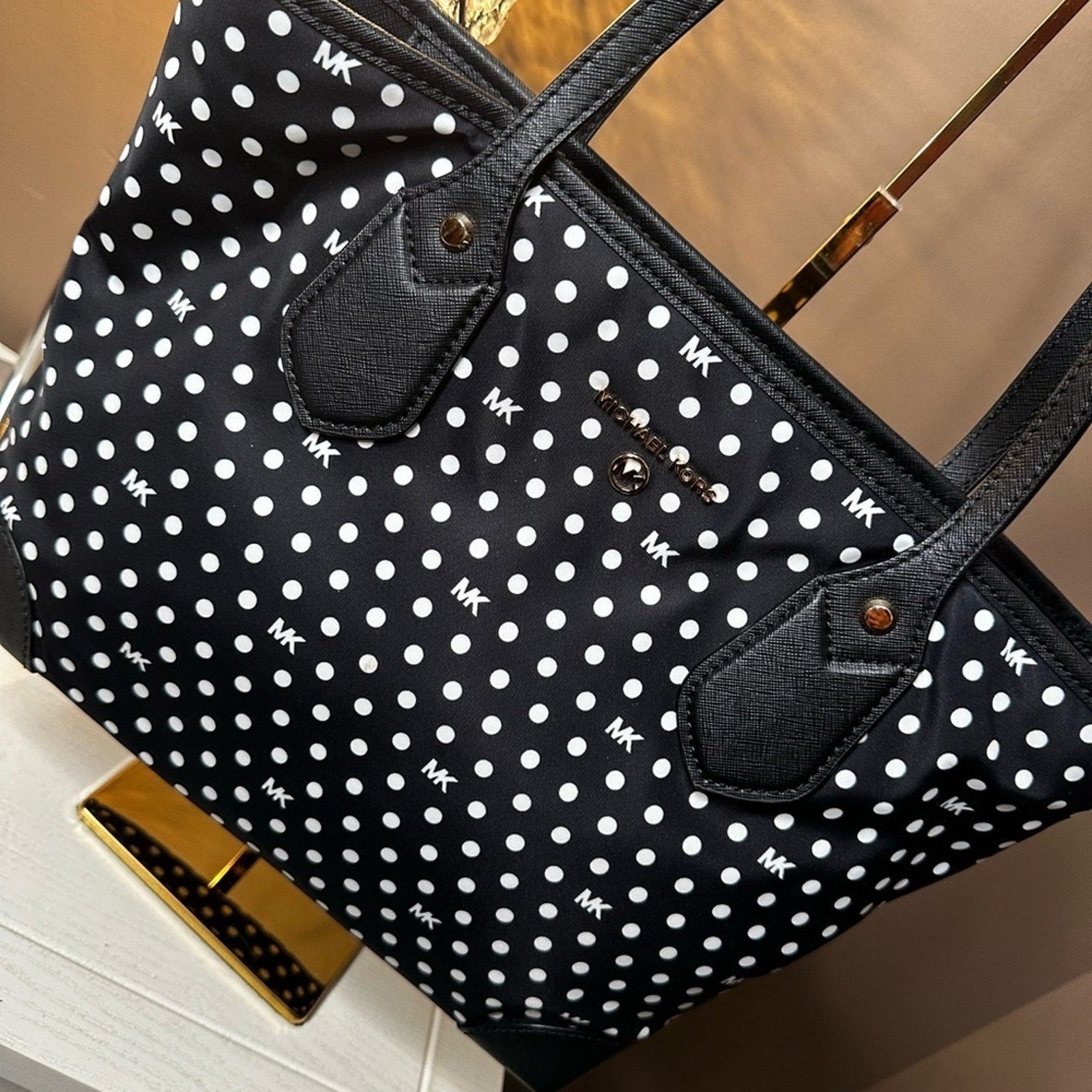 Michael Kors Black & White Polk A Dot Eva Nylon Small Tote