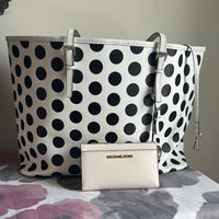 Michael Kors Polka Dot Saffiano Leather Medium Tote w/ MK bifold wallet duo