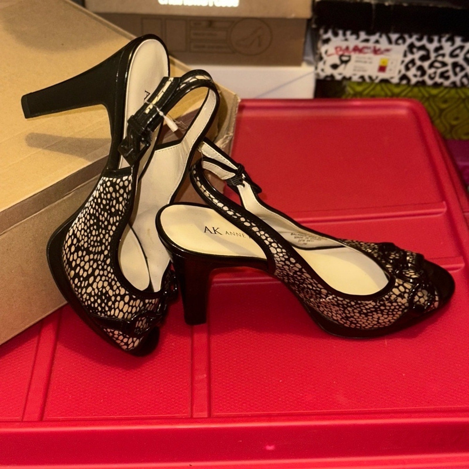 Anne Klein Black Lace Peep Toe Heels