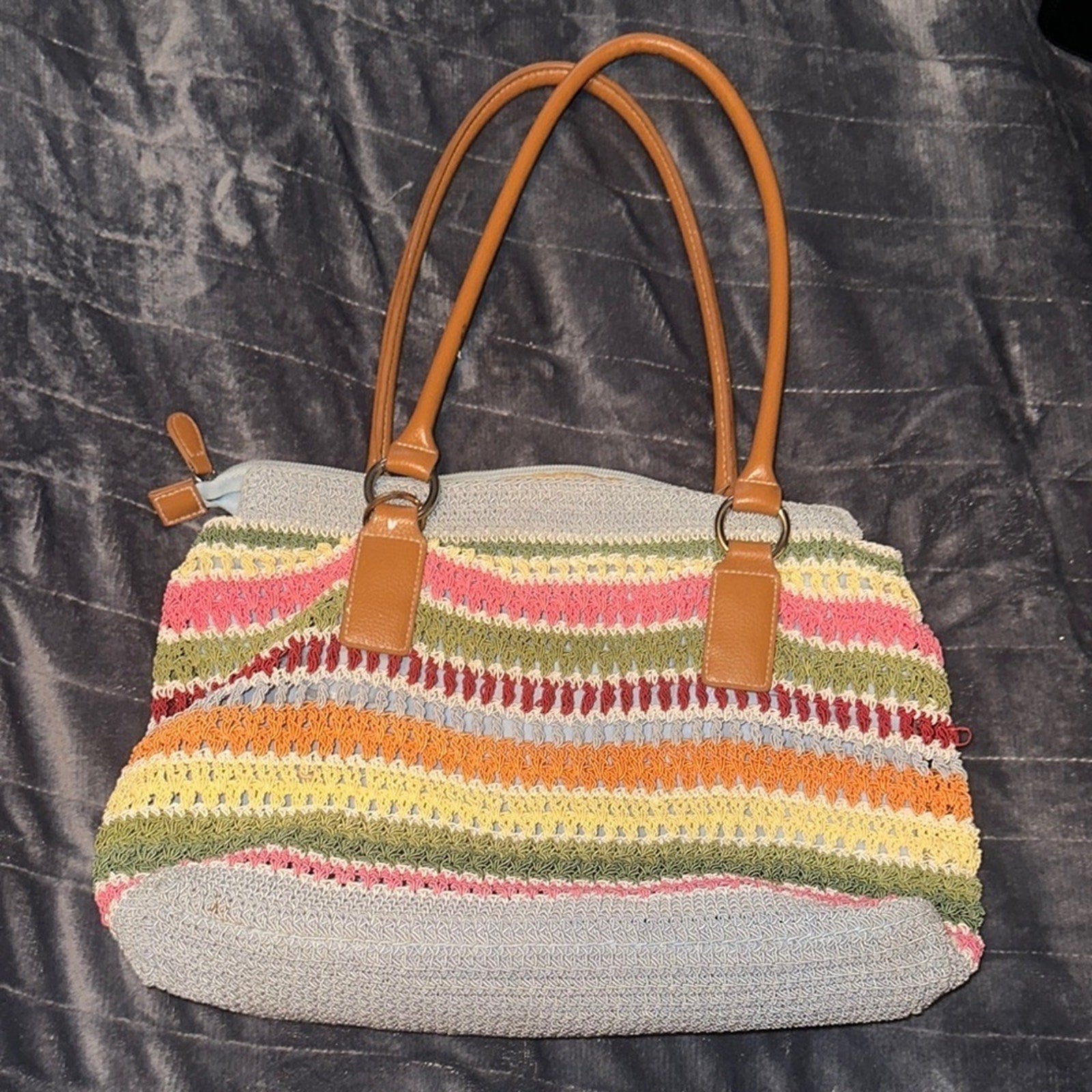 Unique Multicolor Straw Striped Rainbow Crochet Tote Bag