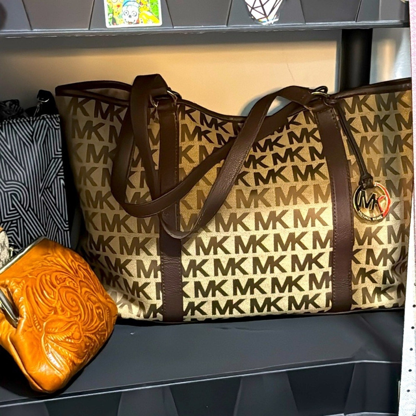 Michael Kors MK Monogram Signature Logo Brown Tan Large Tote Shoulder Bag