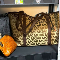 Michael Kors MK Monogram Signature Logo Brown Tan Large Tote Shoulder Bag