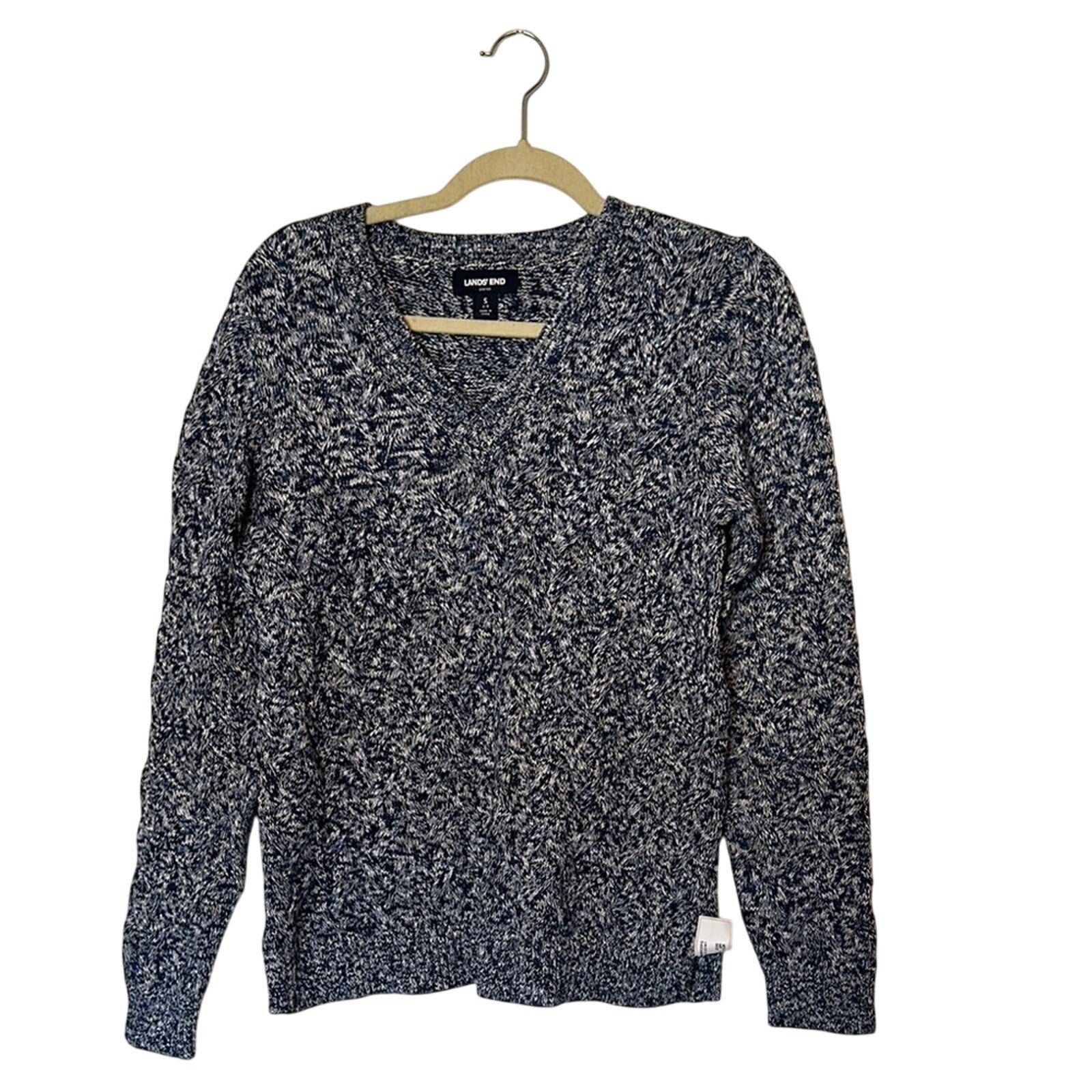 Lands End Drifter Sweater Size S Blue Marbled Cable Knit V-neck