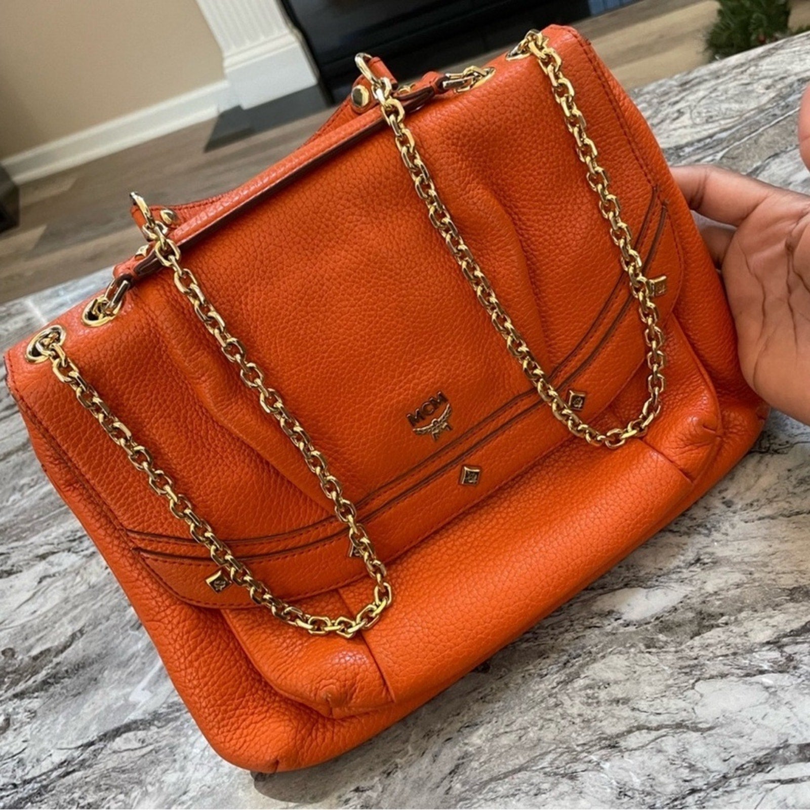Authentic Vintage, MCM Orange, Leather, 2-Way, with Gold Chain Shoulder or Cross Body Convertible Strap Purse