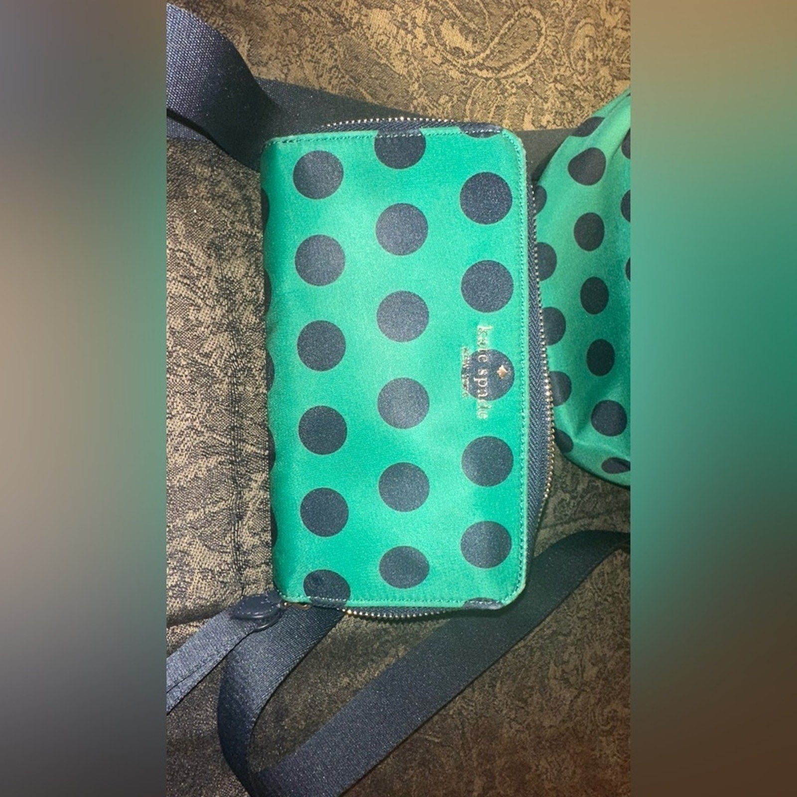 Kate Spade ♠️ Chelsea Green & Navy Blue Polka Dot Backpack & Matching Wallet