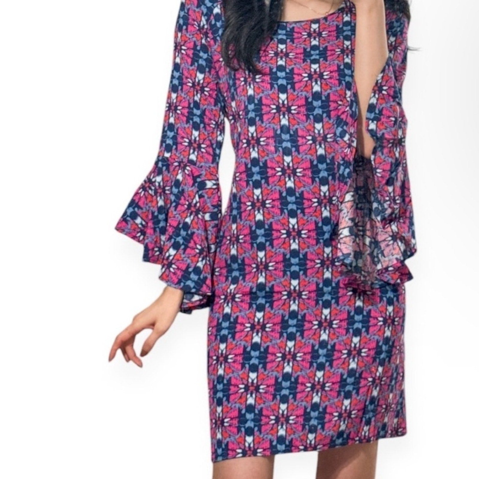 Pink and Blue Fireside Spark Becca Flared Sleeve Knee Dress Small Medium