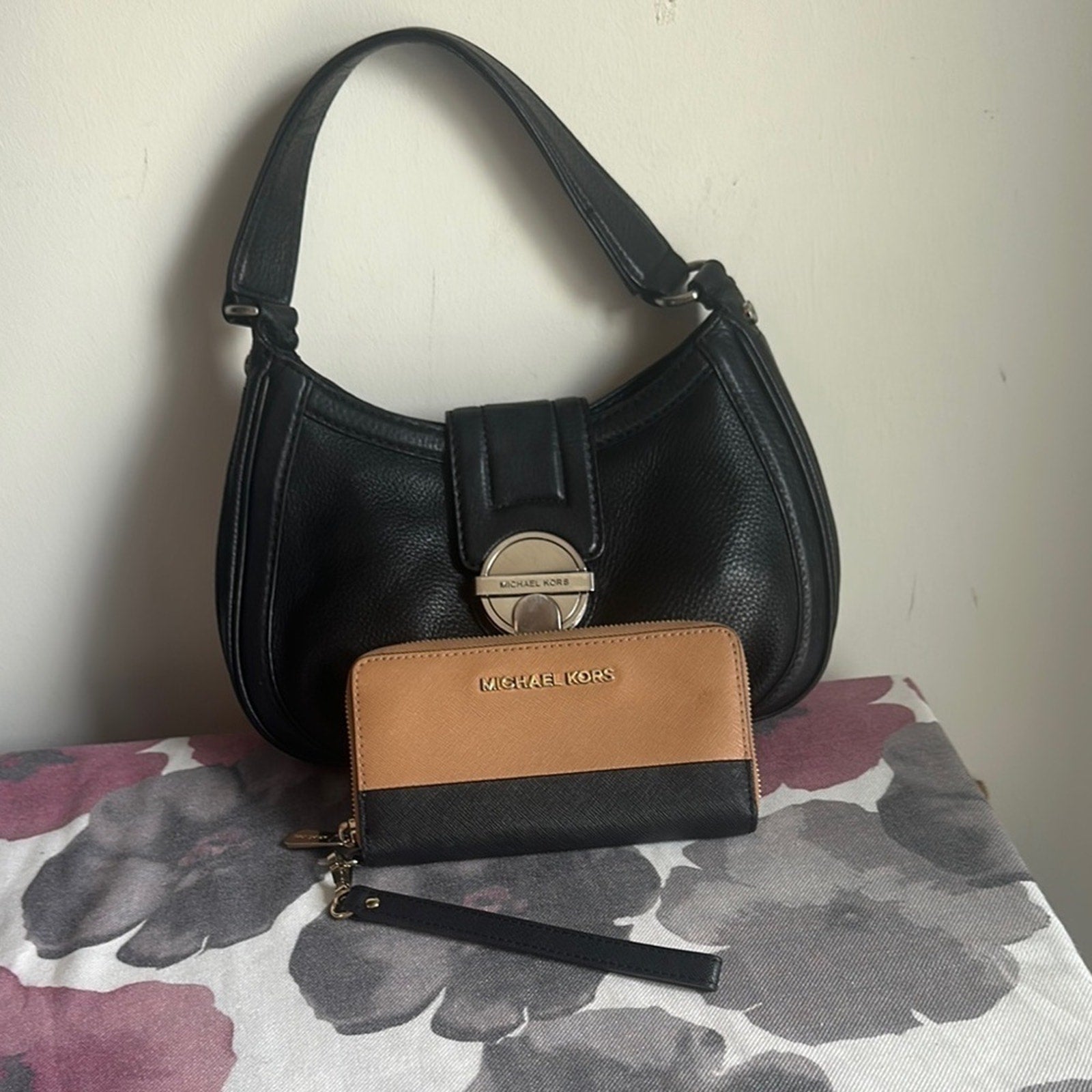 Michael Kors Black Leather Shoulder Bag and Wallet Set