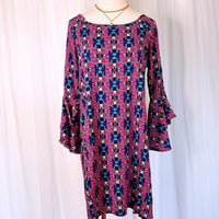 Pink and Blue Fireside Spark Becca Flared Sleeve Knee Dress Small Medium