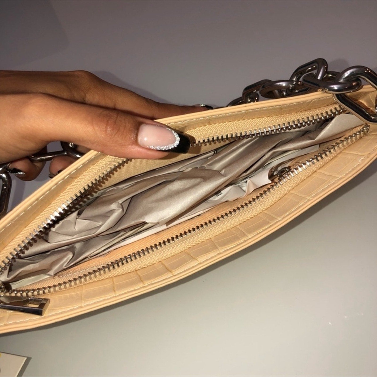 Croc-Embossed Tan Shoulder Bag