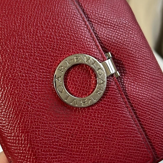Bvlgari Red Textured Leather Compact Wallet with Silver hardware
