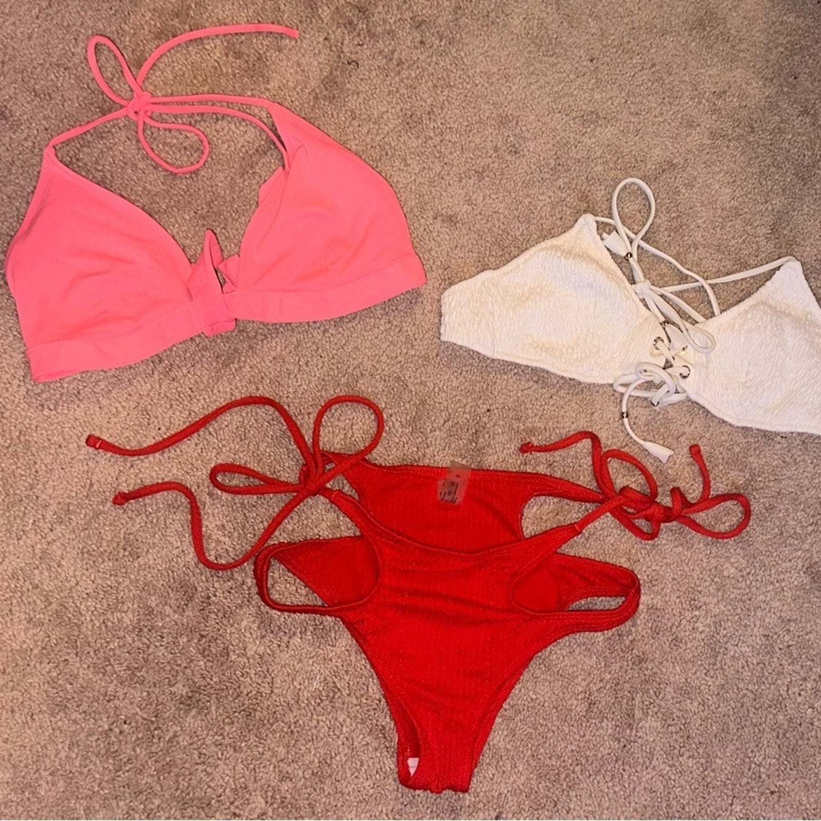 2 Victoria's Secret Bikini Tops (pink/white) SM and 1 Bottom (red)