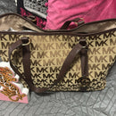 Michael Kors MK Monogram Signature Logo Brown Tan Large Tote Shoulder Bag