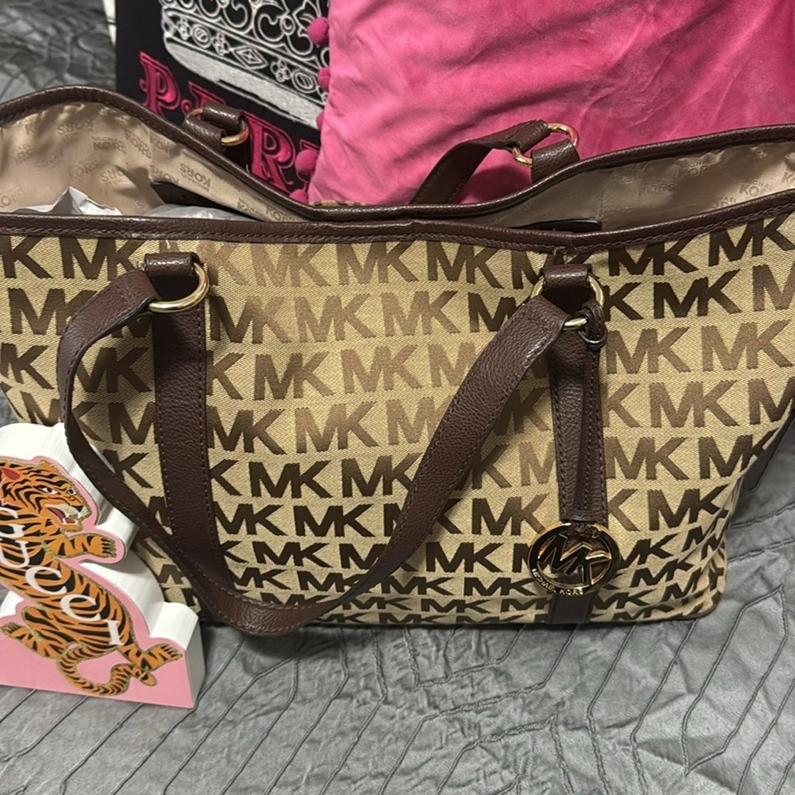 Michael Kors MK Monogram Signature Logo Brown Tan Large Tote Shoulder Bag