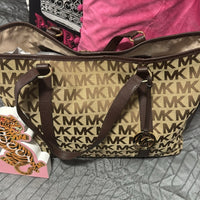 Michael Kors MK Monogram Signature Logo Brown Tan Large Tote Shoulder Bag
