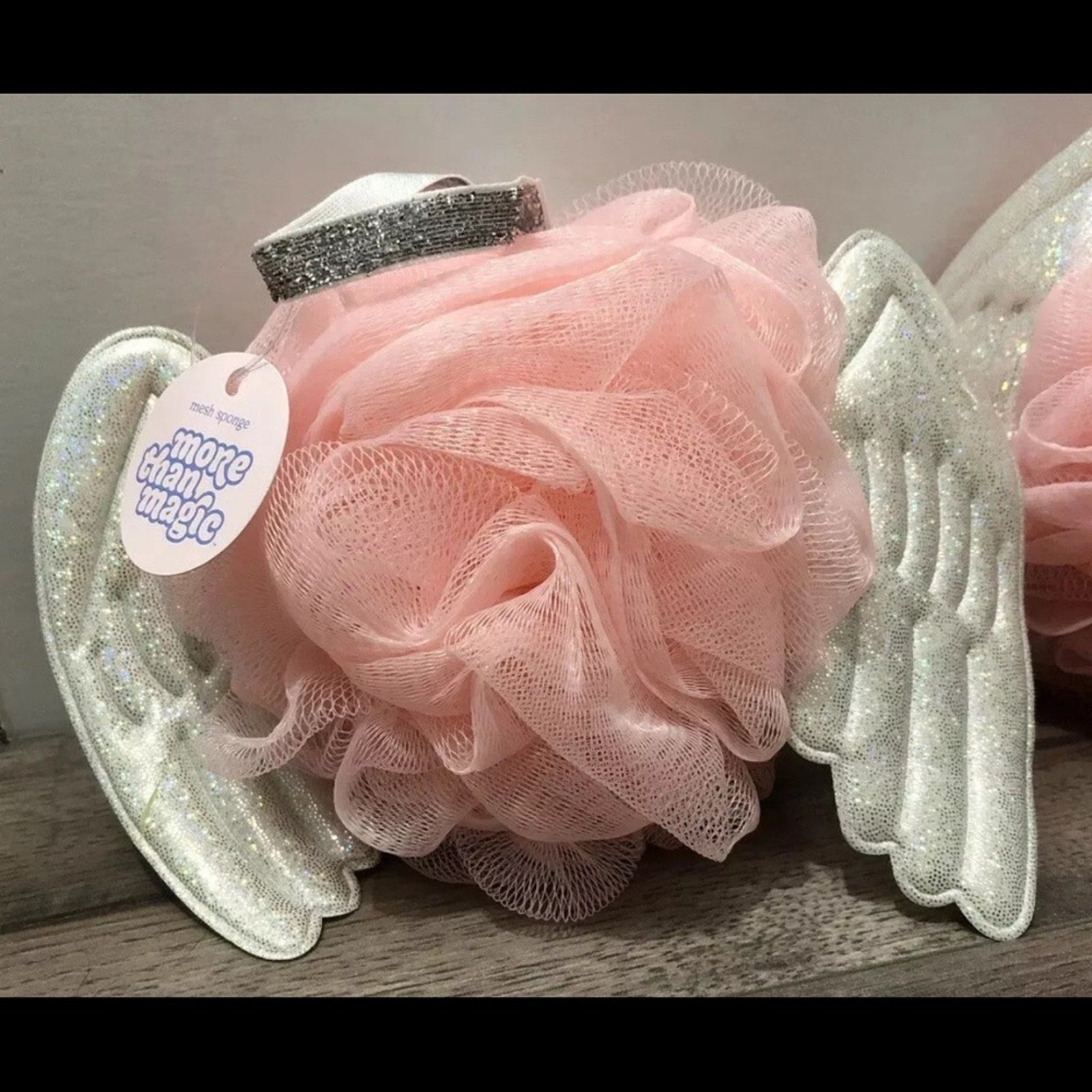 See of 2_More Than Magic_Pink and White Angel Wing Bath Pouf Set