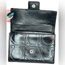 AUTH SALVATORE FERRAGAMO GANCINI LEATHER EMBOSSED LOGO COMPACT WALLET EUC