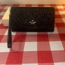 New Kate Spade Glimmer Boxed Medium Flap Phone Wristlet Wallet Black NWOT