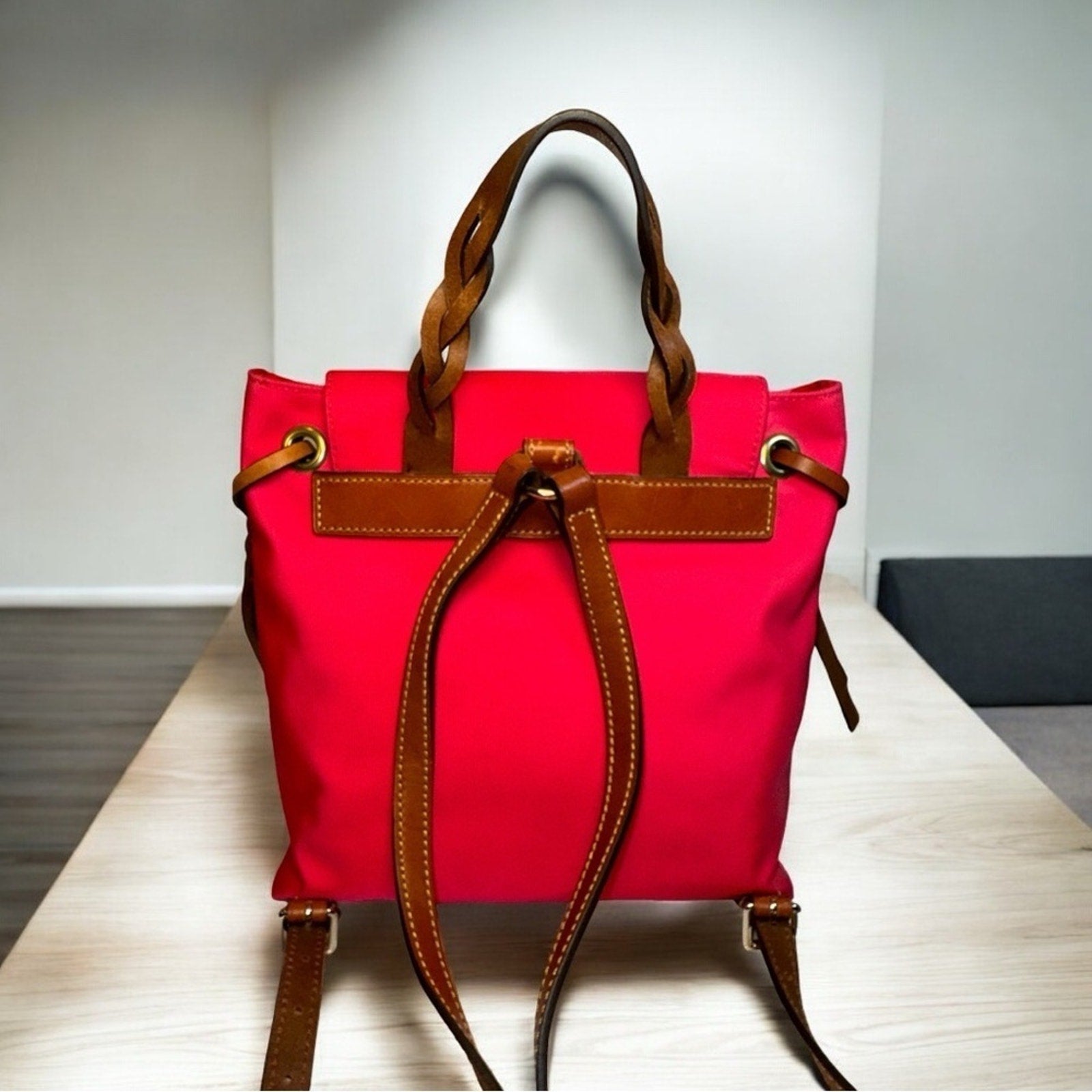 Dooney & Bourke Nylon Braided Leather Flap Backpack Red EUC MSRP $278