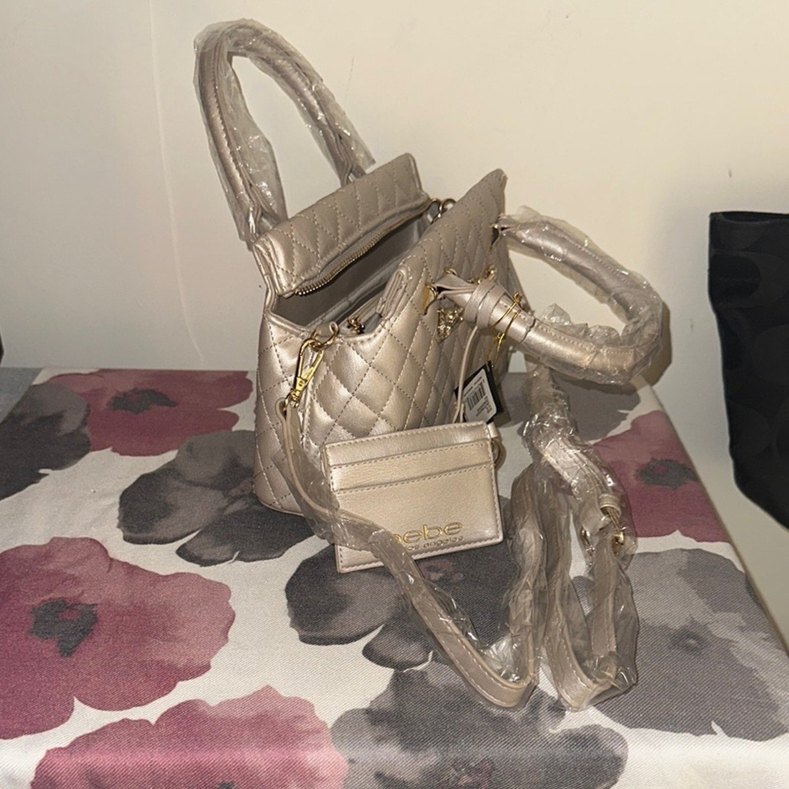 Bebe Quilted Handbag and Wallet Set - Gold