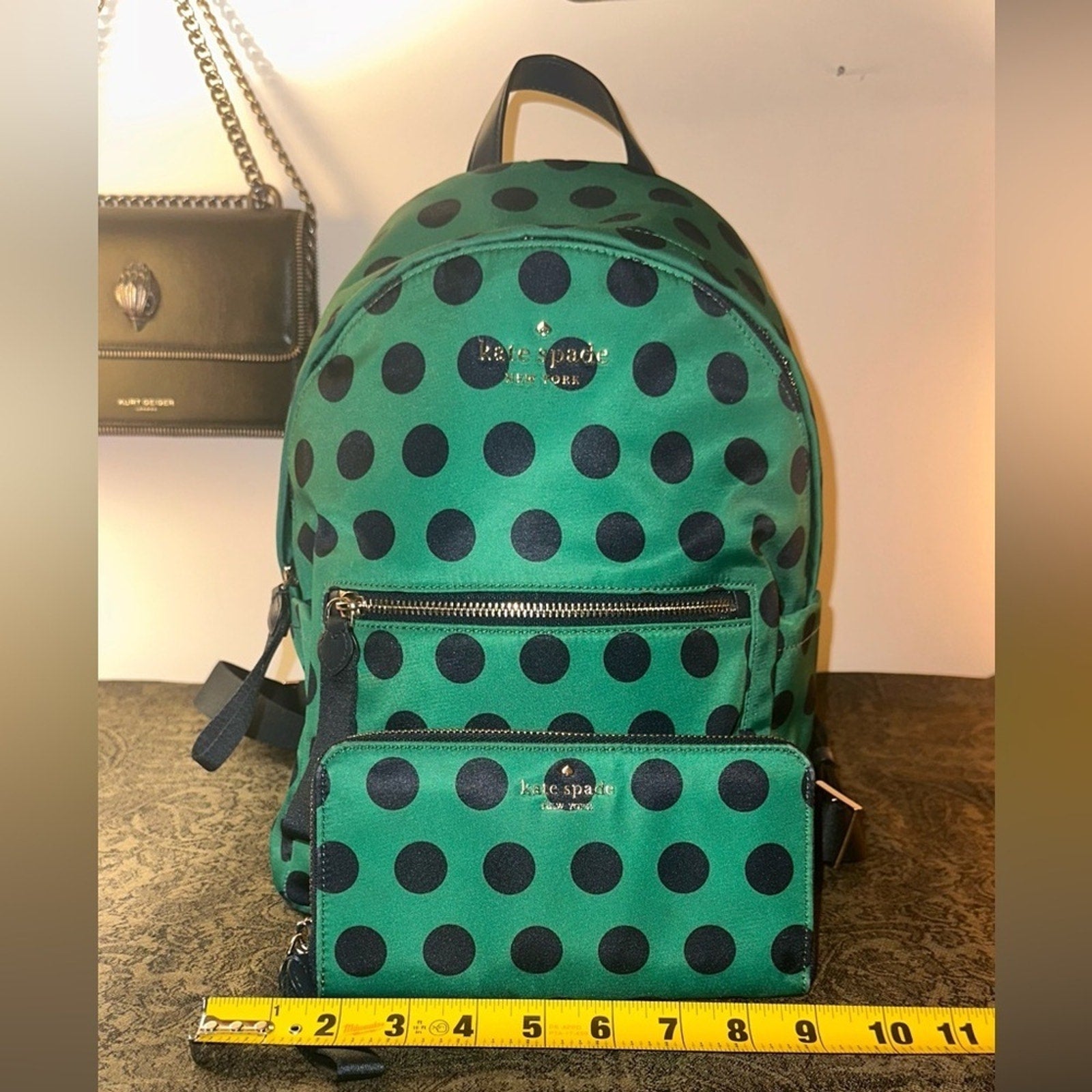 Kate Spade ♠️ Chelsea Green & Navy Blue Polka Dot Backpack & Matching Wallet