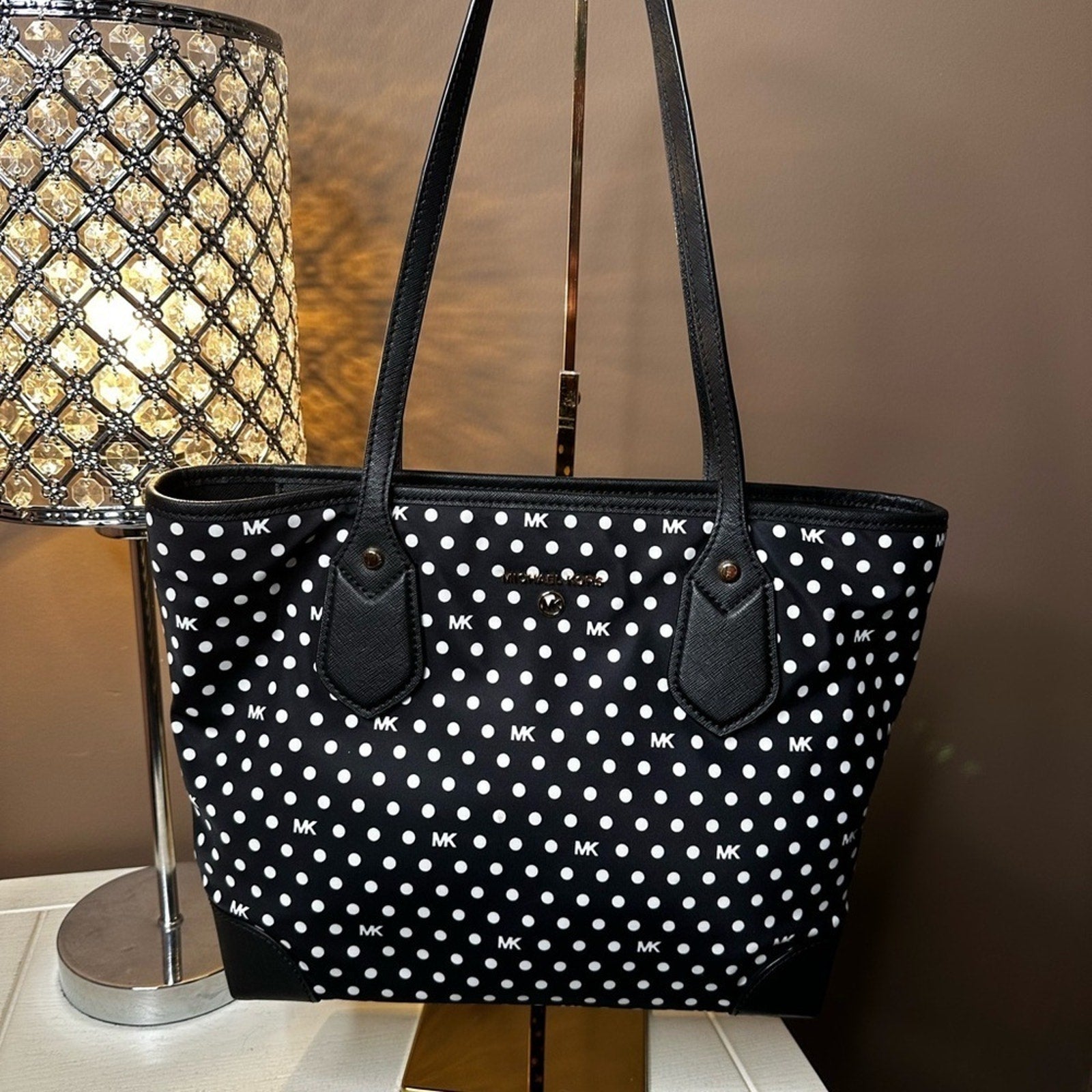 Michael Kors Black & White Polk A Dot Eva Nylon Small Tote