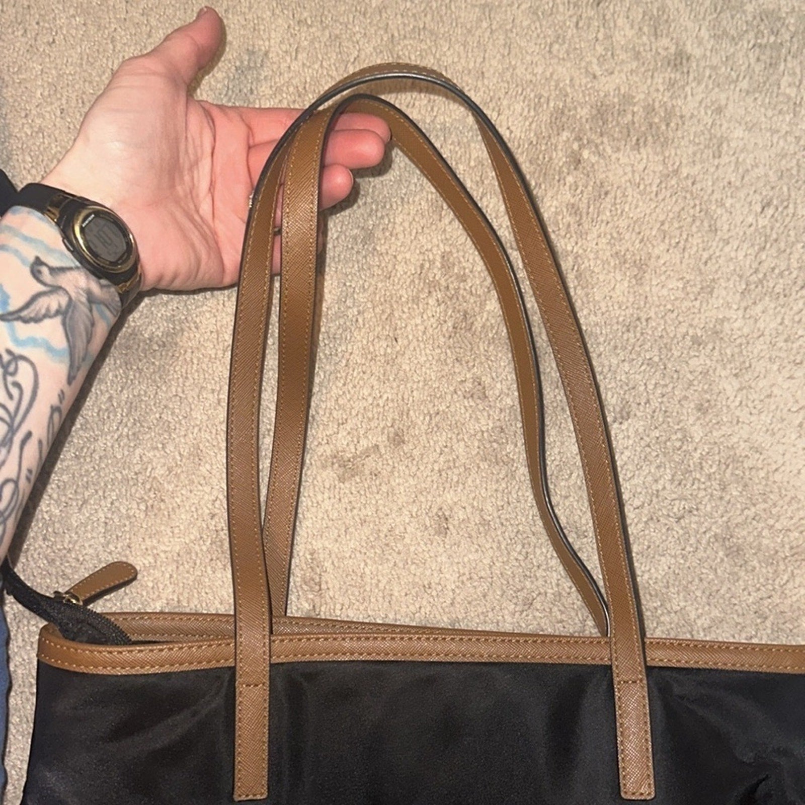 MICHAEL KORS Kempton Navy Nylon & Tan Leather Tote Purse Double Handles