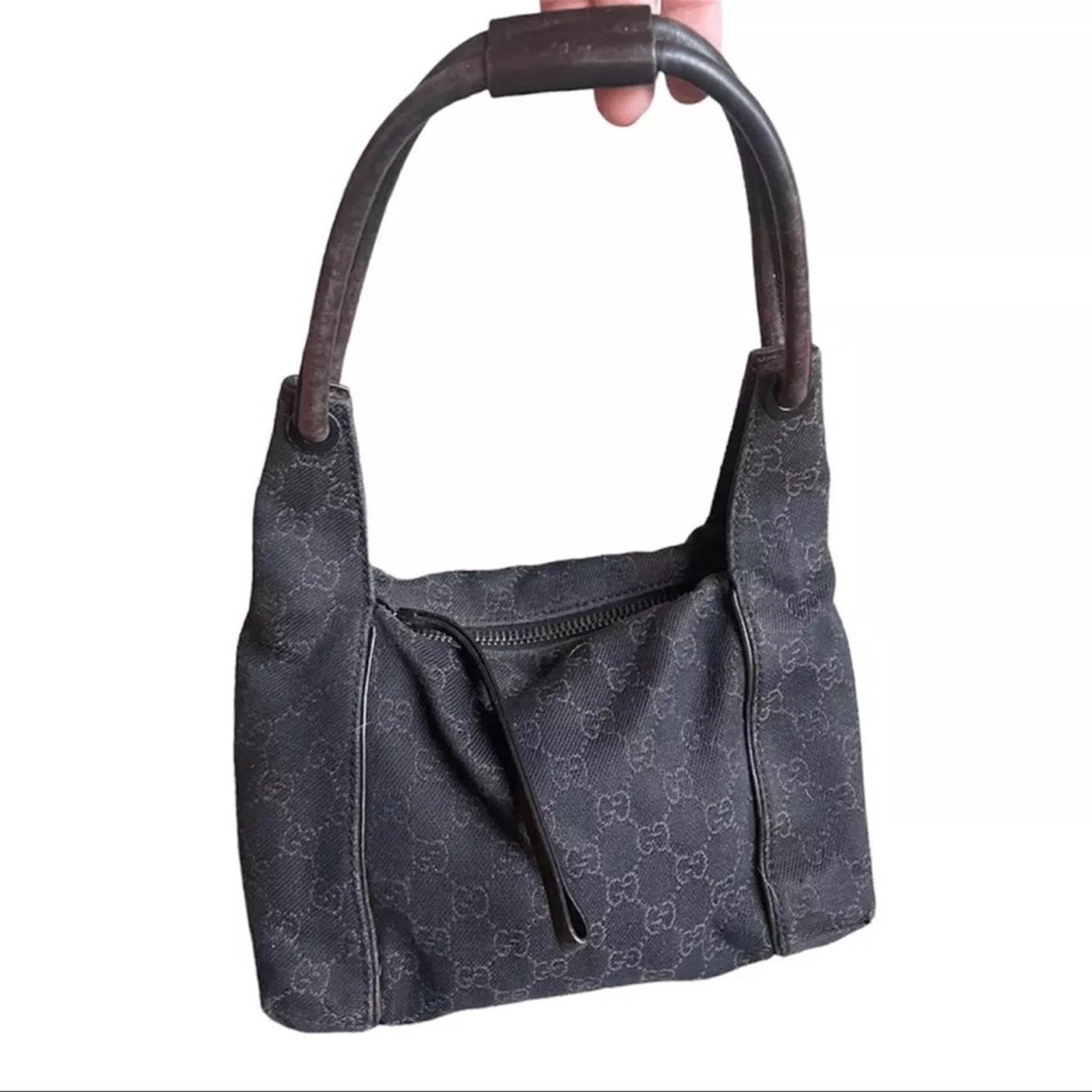Gucci GG Vintage Canvas Zippered Hobo Bag Black Brown