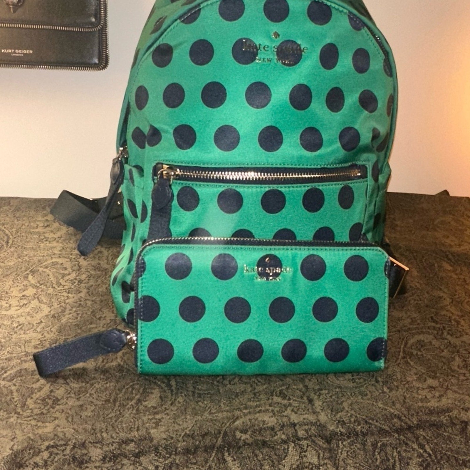 Kate Spade ♠️ Chelsea Green & Navy Blue Polka Dot Backpack & Matching Wallet