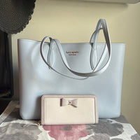 Kate Spade ♠️ Bleeker Large Light Blue Tote and Ribbon Wallet Set EUC