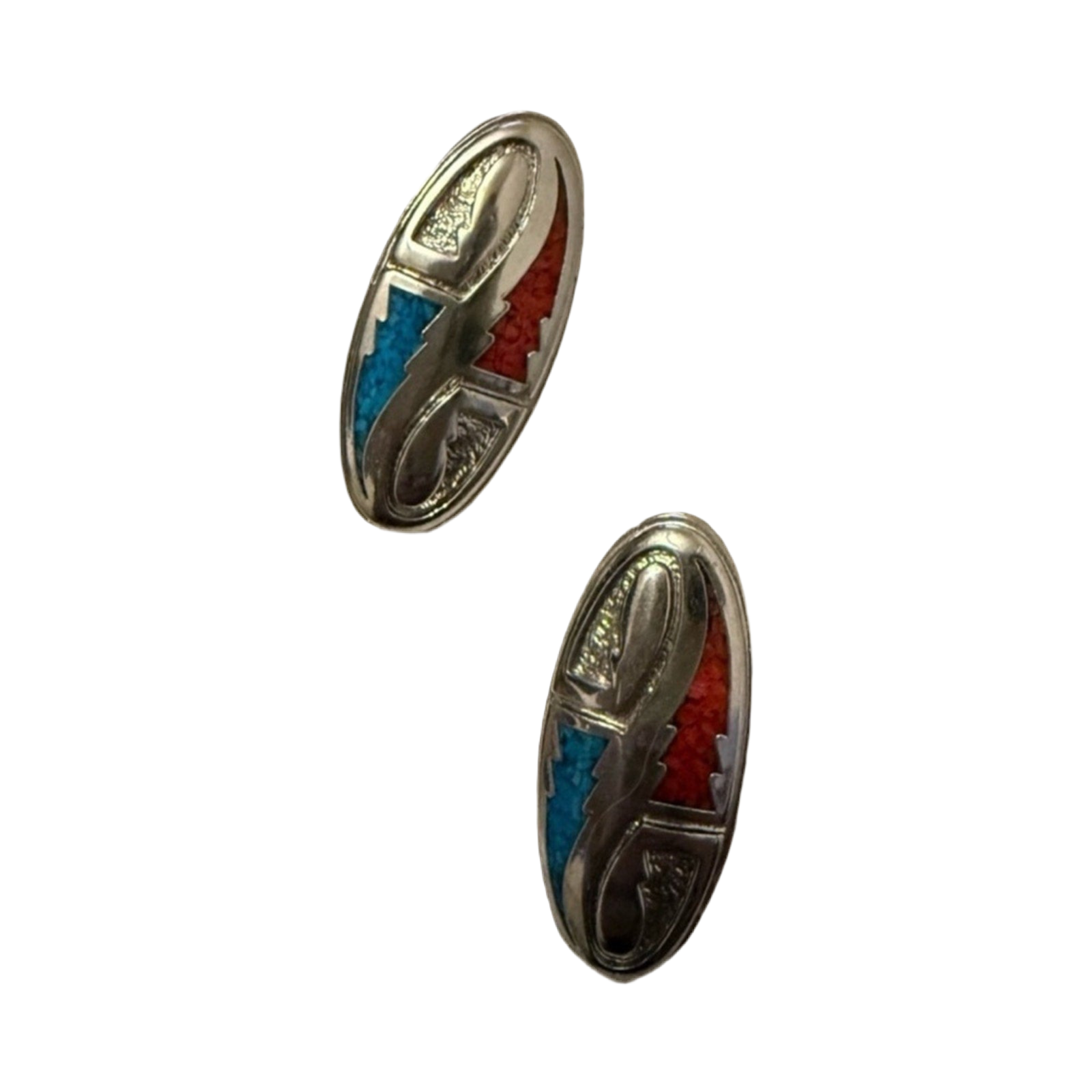 Vintage Sterling Silver Oval Multi Stone Inlay Barrings By Navajo G Nelson