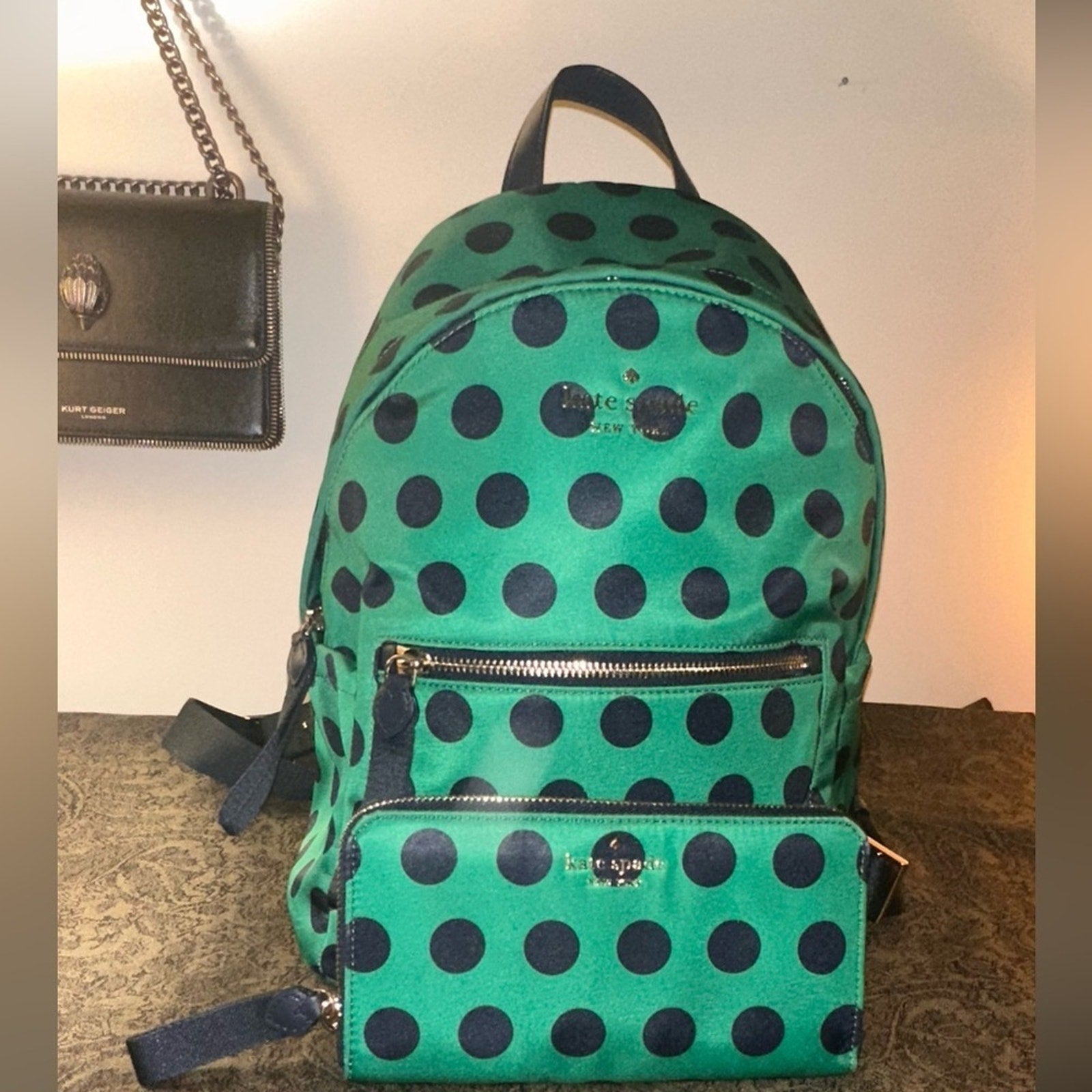 Kate Spade ♠️ Chelsea Green & Navy Blue Polka Dot Backpack & Matching Wallet
