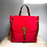 Dooney & Bourke Nylon Braided Leather Flap Backpack Red EUC MSRP $278