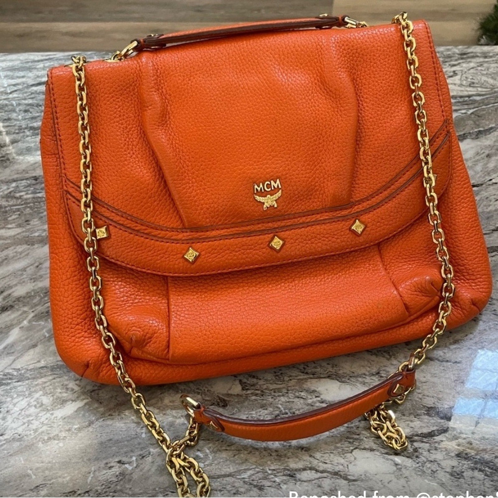 Authentic Vintage, MCM Orange, Leather, 2-Way, with Gold Chain Shoulder or Cross Body Convertible Strap Purse
