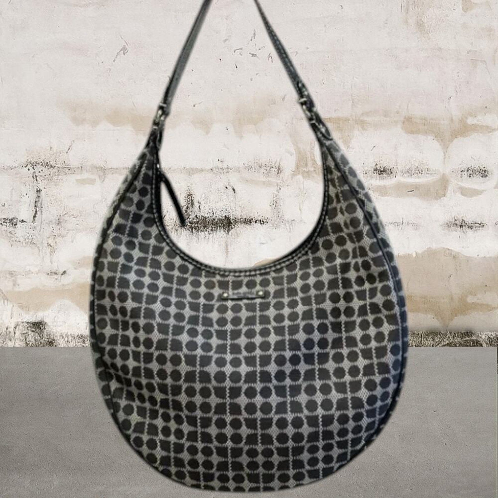 Kate Spade ♠️ Handbag Dot Noel Black Gray Canvas Leather Shoulder Hobo Bag
