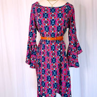 Pink and Blue Fireside Spark Becca Flared Sleeve Knee Dress Small Medium