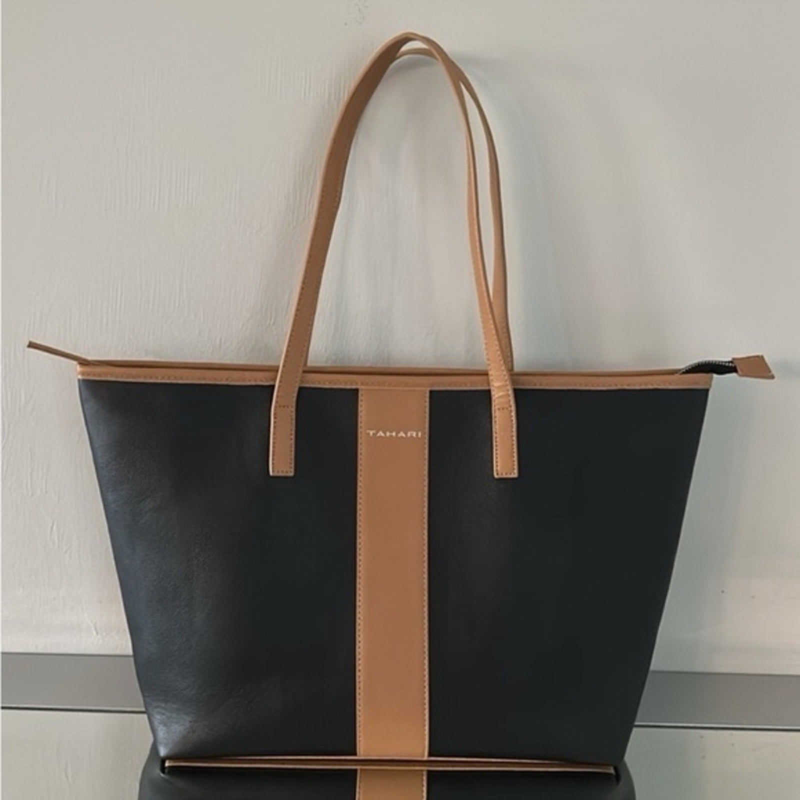 Tahari Kristen Black with Vachetta Trim Zip Closure Large Tote Bag Purse NWT