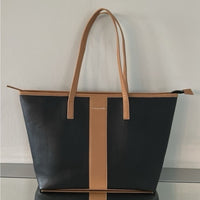 Tahari Kristen Black with Vachetta Trim Zip Closure Large Tote Bag Purse NWT