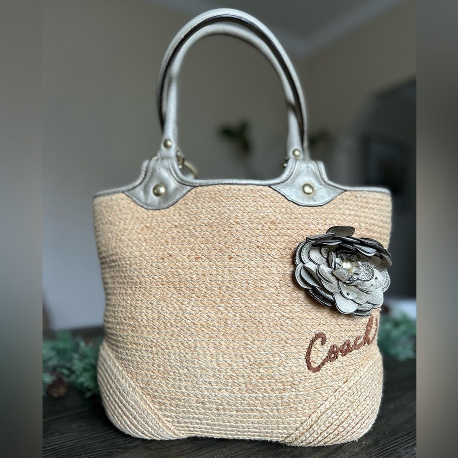 Coach Bleeker Natural Straw Metallic Bronze Floral Embroidered Logo Tote!