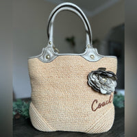 Coach Bleeker Natural Straw Metallic Bronze Floral Embroidered Logo Tote!