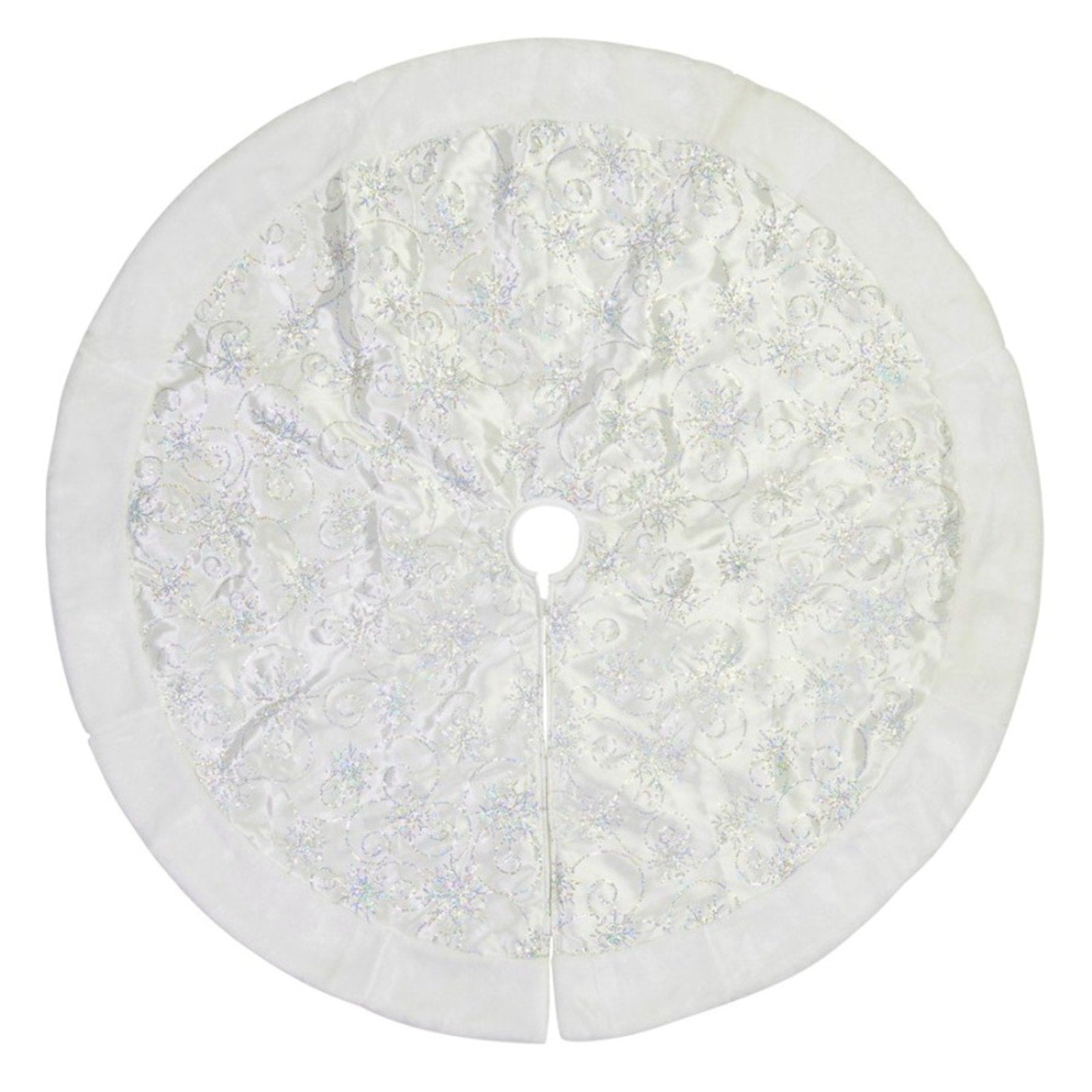 Faux Fur Trim Christmas Tree Skirt, White With Sequin Swirl Pattern - 1.2m NWOT