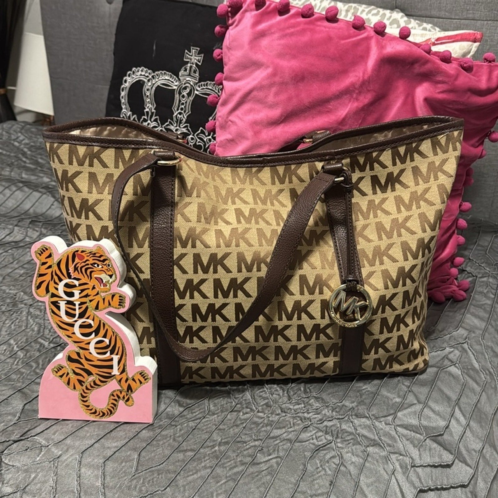 Michael Kors MK Monogram Signature Logo Brown Tan Large Tote Shoulder Bag