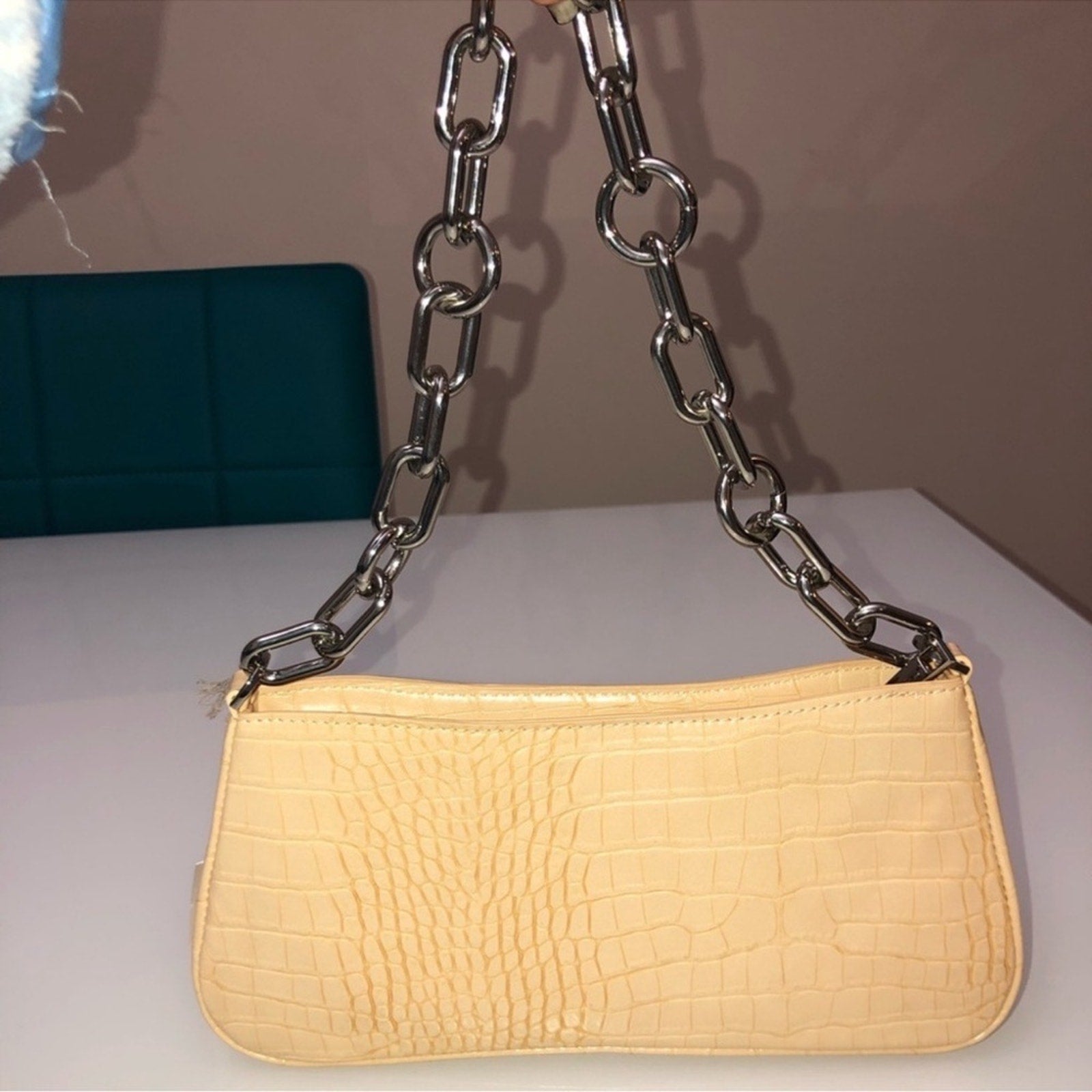 Croc-Embossed Tan Shoulder Bag