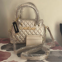 Bebe Quilted Handbag and Wallet Set - Gold