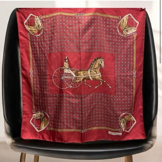 Celine Red And GOLD Equestrian Silk Scarf IN GREAT CONDITION 100% silk- rare