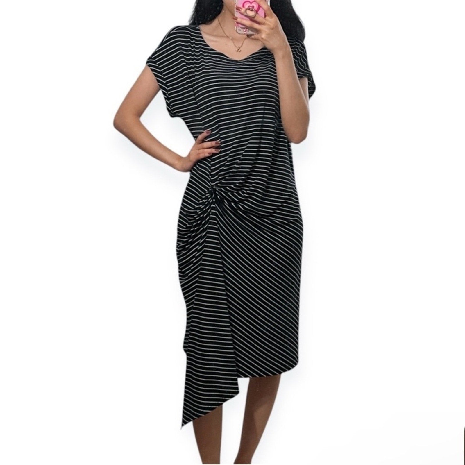 $89 Kenneth Cole Reaction Black White Striped Drapey Dress Large