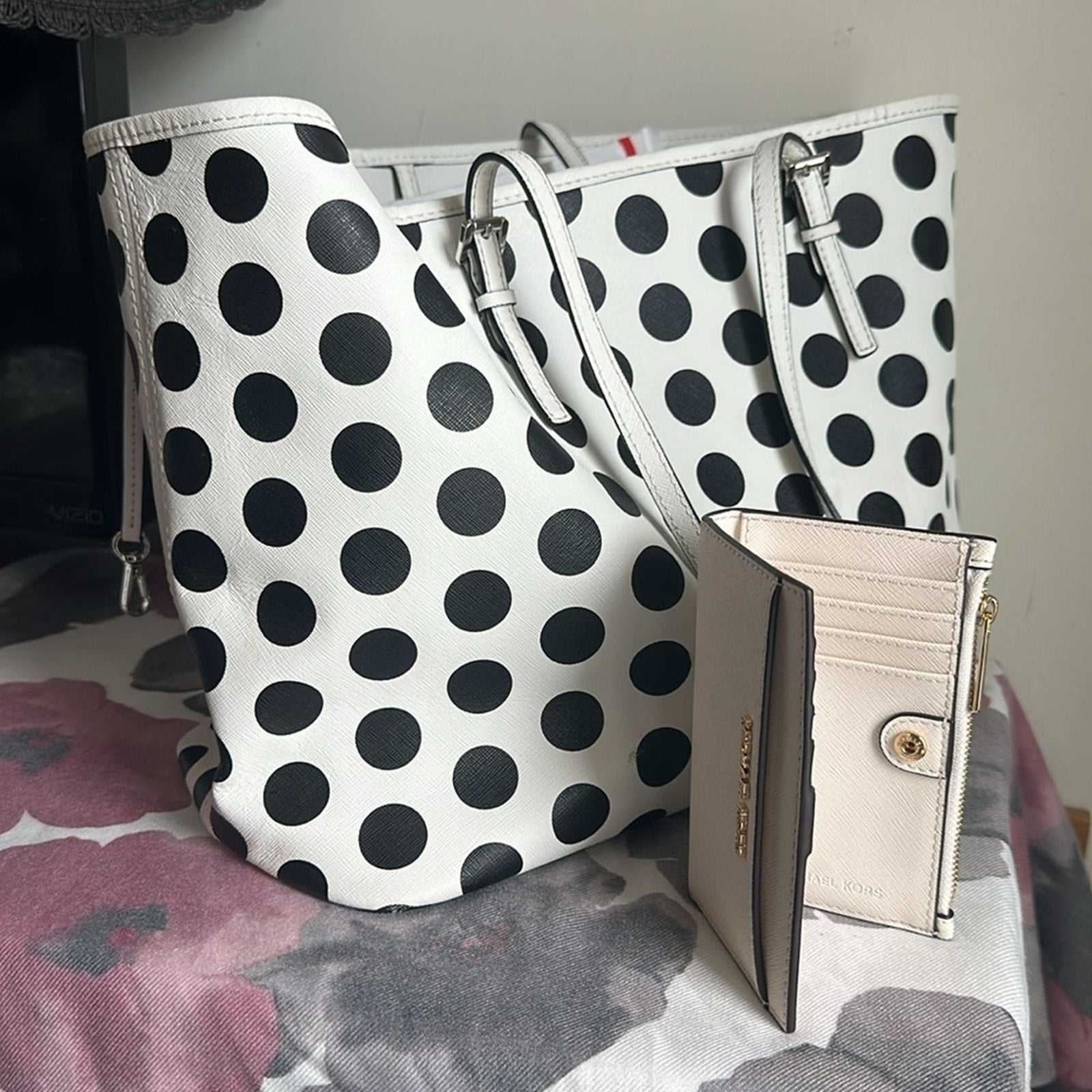 Michael Kors Polka Dot Saffiano Leather Medium Tote w/ MK bifold wallet duo