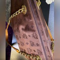 MCM Visetos Nylon Leather Logo Shoulder Tote Bag Brown Large Chain Straps
