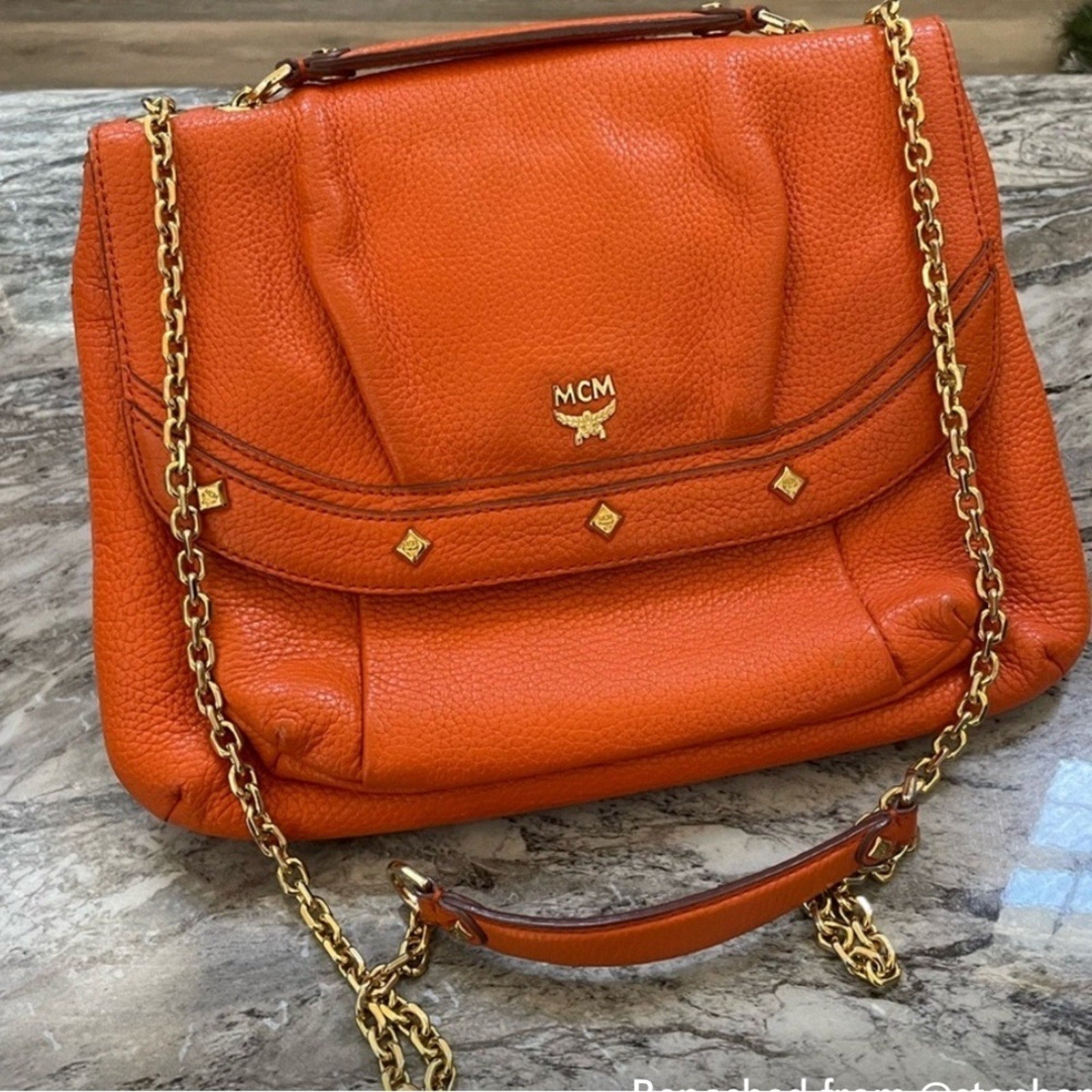 Authentic Vintage, MCM Orange, Leather, 2-Way, with Gold Chain Shoulder or Cross Body Convertible Strap Purse