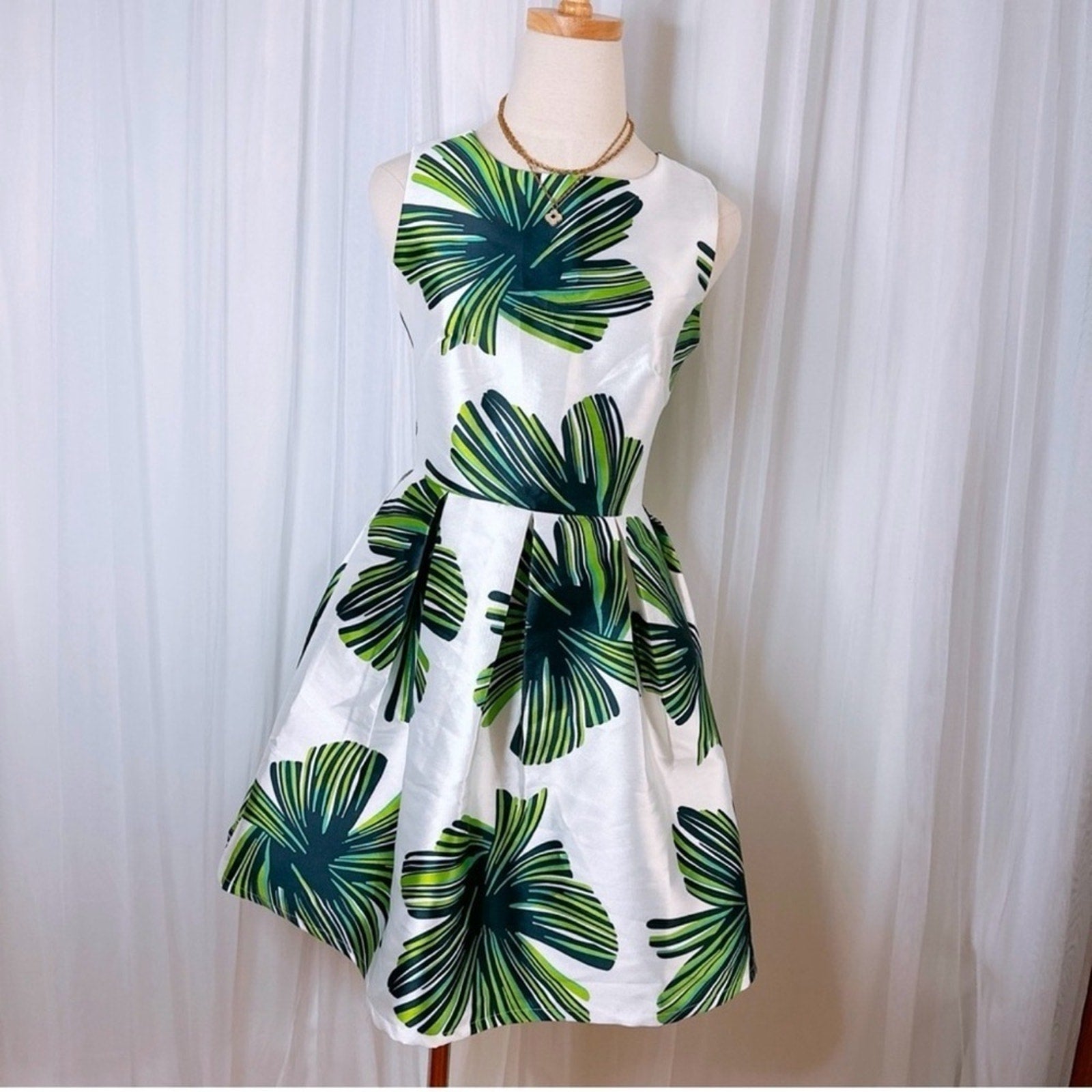 Molly Bracken Tropical White Green Fit & Flare Mini Dress XS