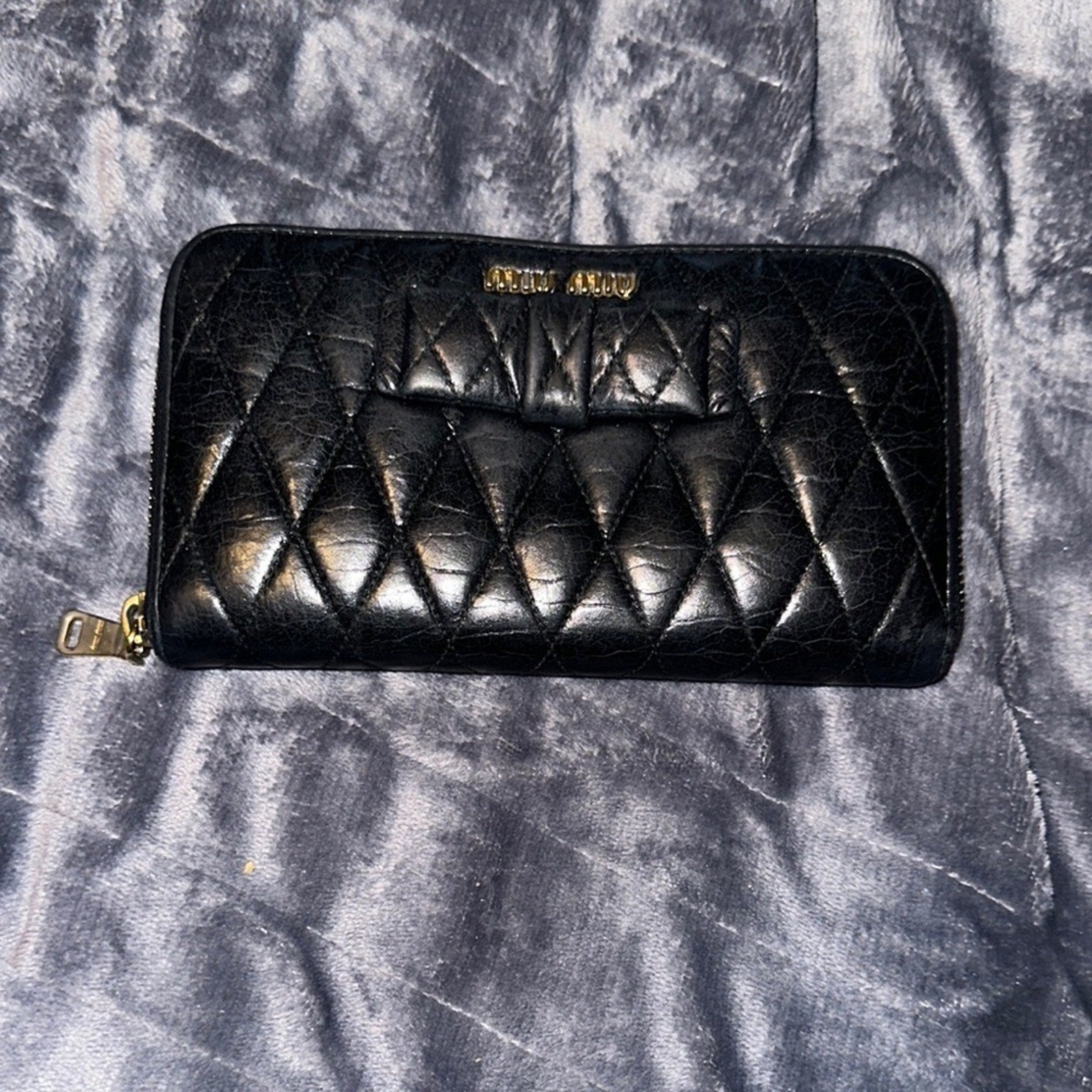 Miu Miu Black Quilted zip around Wallet with bow EUC